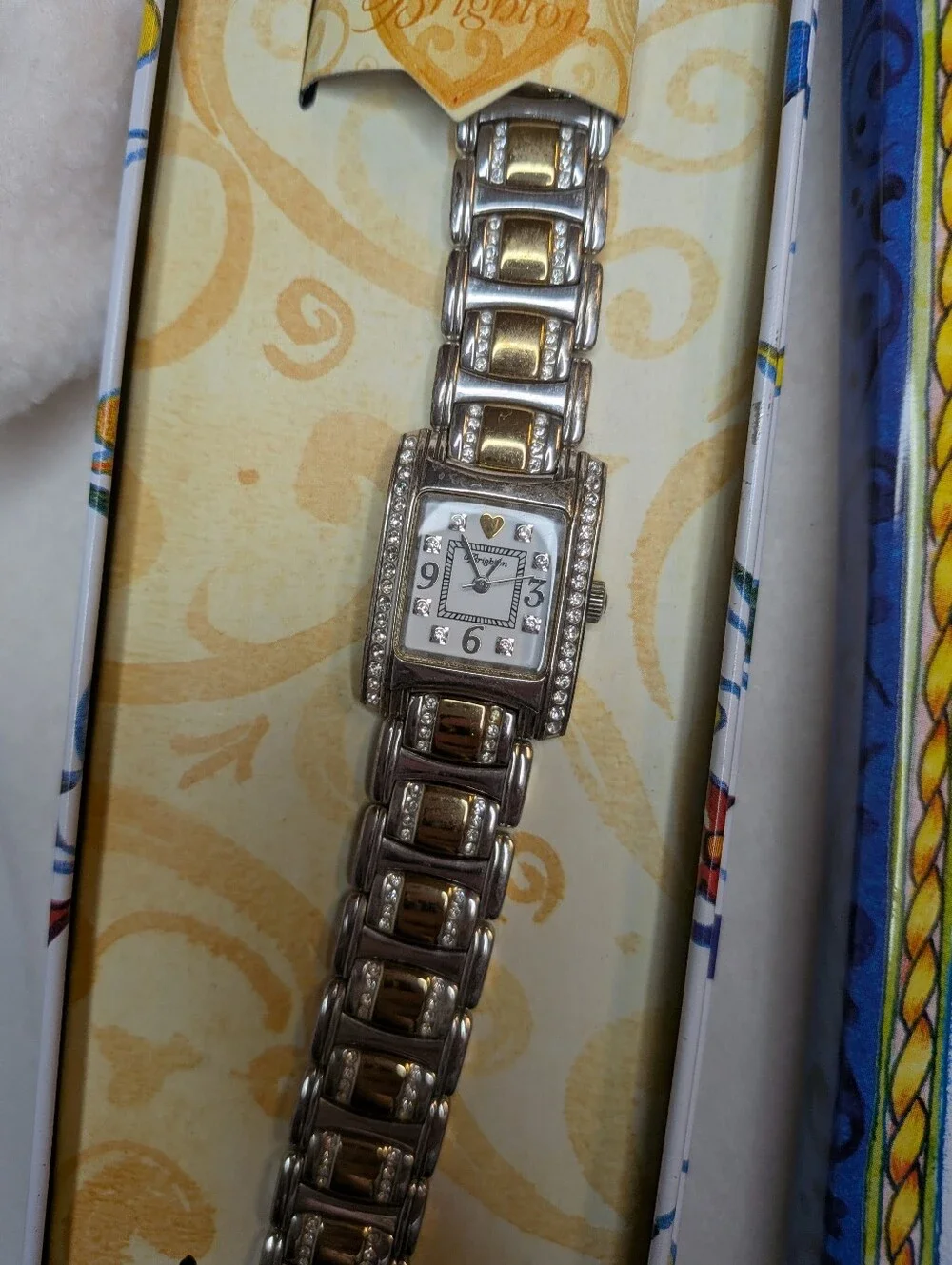 NIB Brighton Two Tone Silver Gold Crystal Rectangle Watch Link Bracelet Tin